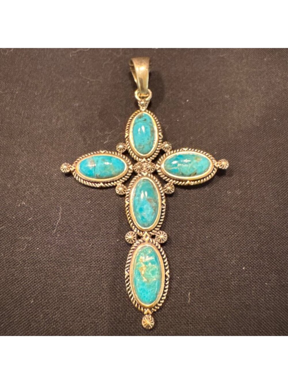 Sterling Silver 925 Turquoise Bezel Set Cross Pendant Size 3.75" Length